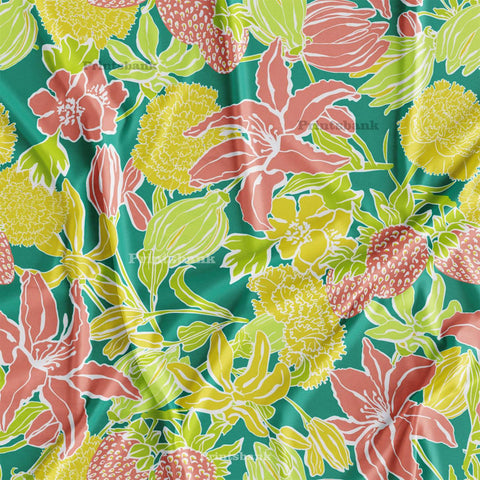 Bright Green yellow Floral Printed Fabric Material For Wedding Function Bright Green yellow Floral Printed Fabric Material For Wedding Function
