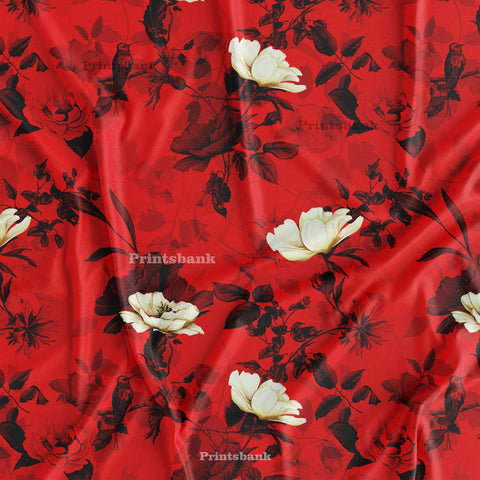 Blood Red Floral With Bird Printed Fabric Wholesale Surat Market Blood Red Floral With Bird Printed Fabric Wholesale Surat Market