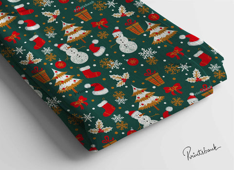 Dark Green Christmas Tree Snowman Gift Printed Fabric Online Dark Green Christmas Tree Snowman Gift Printed Fabric Online