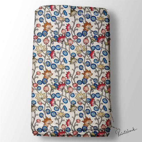 White & Blue Kalamkari Digital Printed Fabric For Dress White & Blue Kalamkari Digital Printed Fabric For Dress