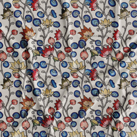 White & Blue Kalamkari Digital Printed Fabric For Dress White & Blue Kalamkari Digital Printed Fabric For Dress