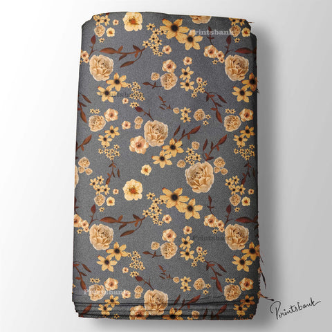 Dark Gray Fabric With Golden Floral Digital Printed Material For Dress Dark Gray Fabric With Golden Floral Digital Printed Material For Dress