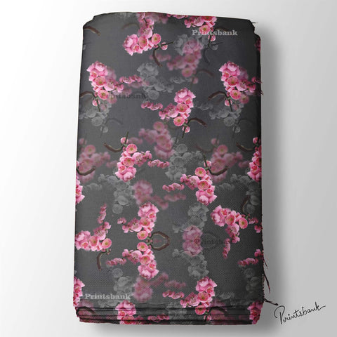 Dark Gray With Baby Pink Cherry Floral Digital Printed Fabric For Dress Material Dark Gray With Baby Pink Cherry Floral Digital Printed Fabric For Dress Material