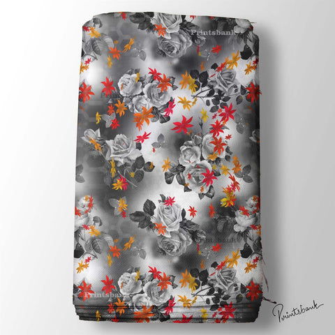 Black & White Cloud Rose Floral Digital Printed Fabric For Dresses Black & White Cloud Rose Floral Digital Printed Fabric For Dresses