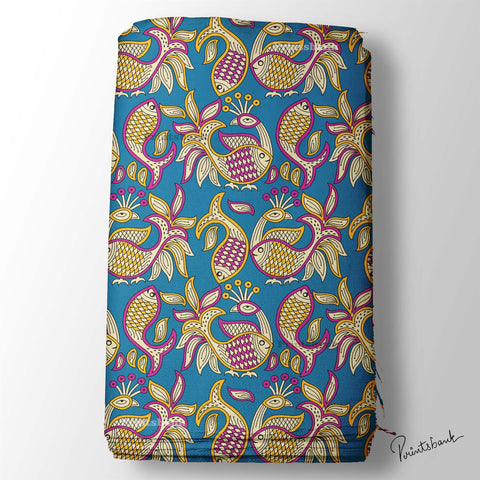 Blue Fish Kalamkari Digital Printed Fabric For Boutique Blue Fish Kalamkari Digital Printed Fabric For Boutique