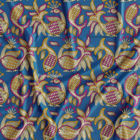 Blue Fish Kalamkari Digital Printed Fabric For Boutique Blue Fish Kalamkari Digital Printed Fabric For Boutique