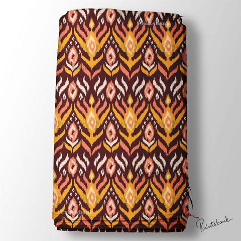 Dark Maroon With Yellow Ikat Pattern Digital Printed Designer Fabric Online Dark Maroon With Yellow Ikat Pattern Digital Printed Designer Fabric Online