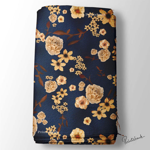 Dark Navy Blue With Golden Rose Floral Digital Printed Fabric Wholesale India Dark Navy Blue With Golden Rose Floral Digital Printed Fabric Wholesale India
