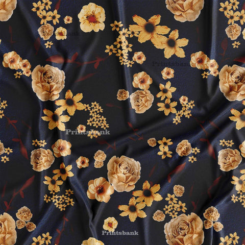 Dark Navy Blue With Golden Rose Floral Digital Printed Fabric Wholesale India Dark Navy Blue With Golden Rose Floral Digital Printed Fabric Wholesale India