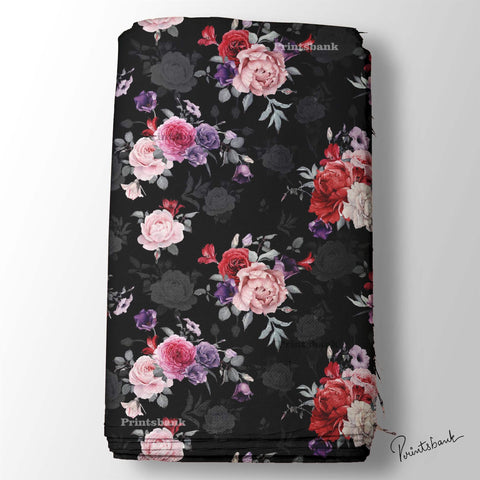 Black Bunch Rose 3D Floral Printed Fabric Material Black Bunch Rose 3D Floral Printed Fabric Material