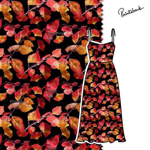 Autumn Feel Black Red Leaf Printed Fabric Autumn Feel Black Red Leaf Printed Fabric
