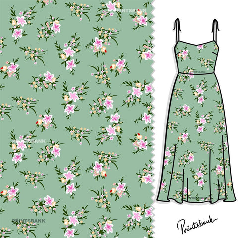Cool Green Pink Bunches Lily Printed Clothing Material Cool Green Pink Bunches Lily Printed Clothing Material