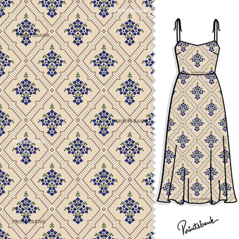 Cream Clothing Indigo Floral Motif For Dress Material Cream Clothing Indigo Floral Motif For Dress Material