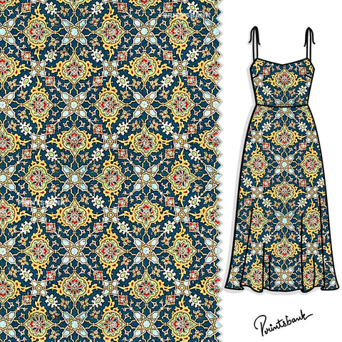 Blue Yellow Mughal Jaal Digital Printed Fabric Material Blue Yellow Mughal Jaal Digital Printed Fabric Material