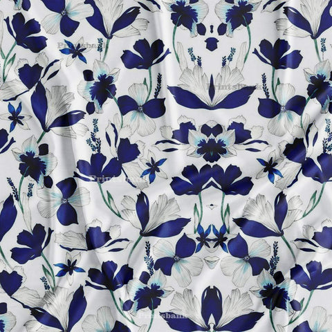 White Blue Designer Floral Pattern Digital Printed Fabric White Blue Designer Floral Pattern Digital Printed Fabric