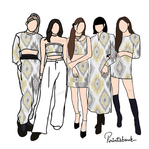 White Yellow Ikat Digital Printed Fabric Material White Yellow Ikat Digital Printed Fabric Material