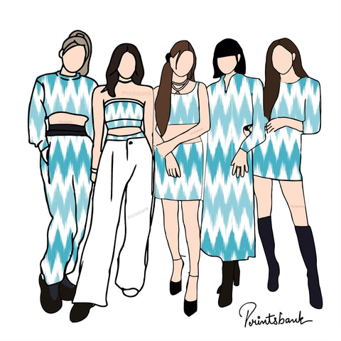 Teal Blue Zigzag Ikat Digital Printed Fabric Material Teal Blue Zigzag Ikat Digital Printed Fabric Material