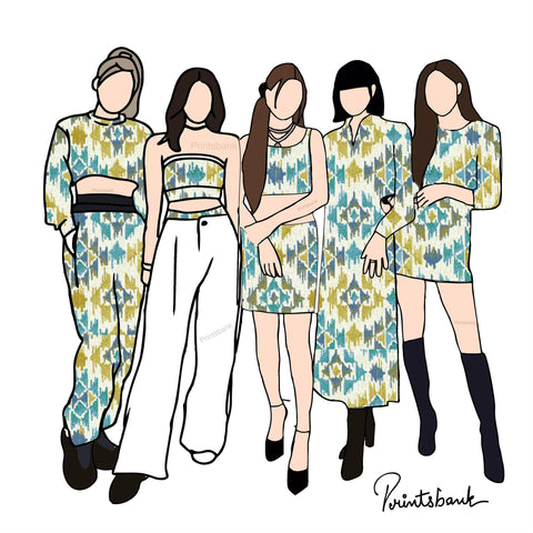 Blue Yellow Ikat Digital Printed Fabric Material Blue Yellow Ikat Digital Printed Fabric Material