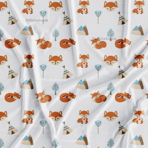 Pearl White & Orange Fox Pattern Kid's Printed Fabric Pearl White & Orange Fox Pattern Kid's Printed Fabric