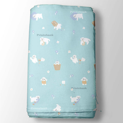 White Cute Dancing Dog Kid's Printed Pastel Blue Fabric White Cute Dancing Dog Kid's Printed Pastel Blue Fabric
