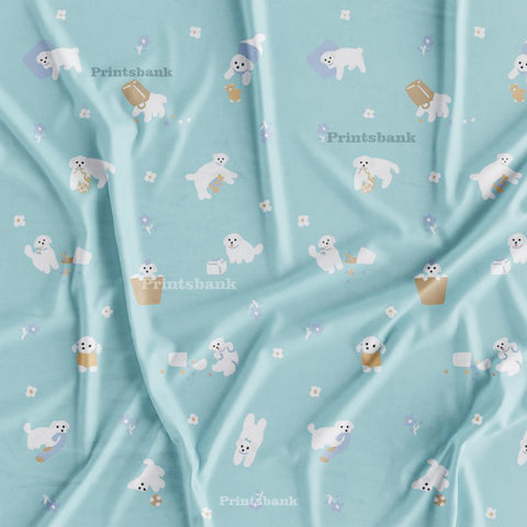 White Cute Dancing Dog Kid's Printed Pastel Blue Fabric White Cute Dancing Dog Kid's Printed Pastel Blue Fabric