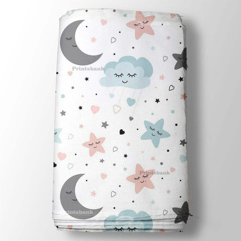 Multi Color Star & Moon Kid's White Printed Fabric For Baby Multi Color Star & Moon Kid's White Printed Fabric For Baby