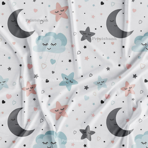 Multi Color Star & Moon Kid's White Printed Fabric For Baby Multi Color Star & Moon Kid's White Printed Fabric For Baby