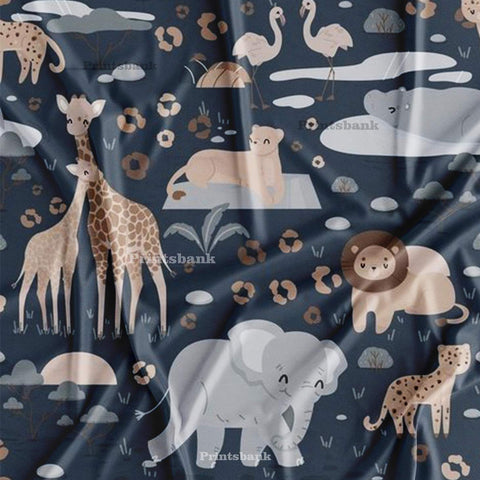 Fun Playing Elephant & Giraffe Charcoal Blue Kid's Printed Fabric Fun Playing Elephant & Giraffe Charcoal Blue Kid's Printed Fabric