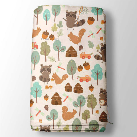 Multi Color Tree & Fun Playing Wolf Pattern Kid's Printed Fabric Multi Color Tree & Fun Playing Wolf Pattern Kid's Printed Fabric