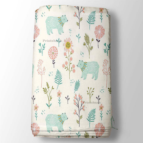 Pastel Cream Snow Bear & Floral Print For Kid's Printed Fabric Pastel Cream Snow Bear & Floral Print For Kid's Printed Fabric