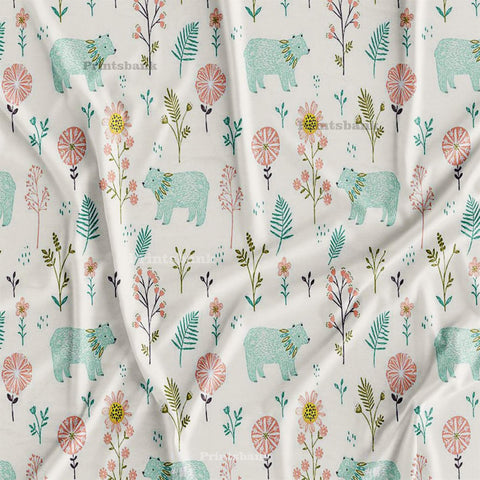 Pastel Cream Snow Bear & Floral Print For Kid's Printed Fabric Pastel Cream Snow Bear & Floral Print For Kid's Printed Fabric