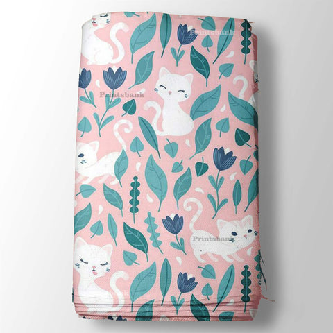 Peach Pink Mini Cat & Leaf Kid's Digital Printed Fabric Peach Pink Mini Cat & Leaf Kid's Digital Printed Fabric