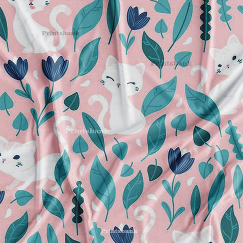 Peach Pink Mini Cat & Leaf Kid's Digital Printed Fabric Peach Pink Mini Cat & Leaf Kid's Digital Printed Fabric