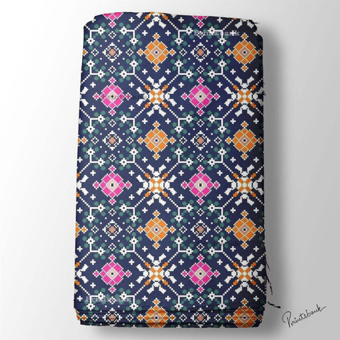 Navy Blue Multicolor Patola Digital Printed Fabric Material Navy Blue Multicolor Patola Digital Printed Fabric Material