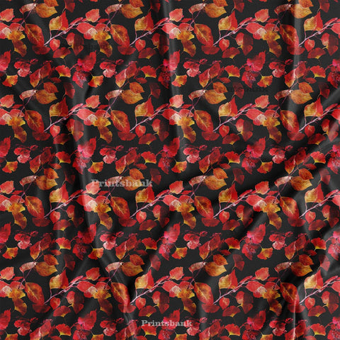 Autumn Feel Black Red Leaf Printed Fabric Autumn Feel Black Red Leaf Printed Fabric