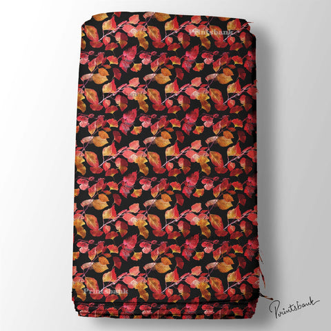 Autumn Feel Black Red Leaf Printed Fabric Autumn Feel Black Red Leaf Printed Fabric