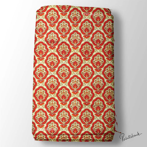 Bright Red Cream Printed Fabric Material Bright Red Cream Printed Fabric Material