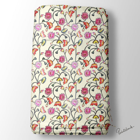 Pestal Yellow Pink Lotus Floral Pichwai Digital Printed Fabric Material Pestal Yellow Pink Lotus Floral Pichwai Digital Printed Fabric Material