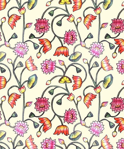 Pestal Yellow Pink Lotus Floral Pichwai Digital Printed Fabric Material Pestal Yellow Pink Lotus Floral Pichwai Digital Printed Fabric Material