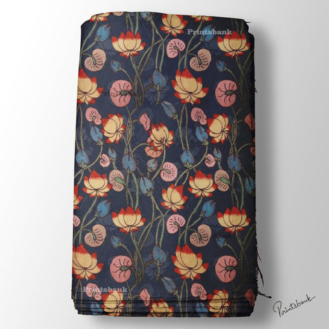 Black Lotus Floral Pichwai Digital Printed Fabric Material Black Lotus Floral Pichwai Digital Printed Fabric Material