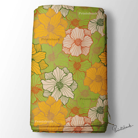 Green Yellow Big Floral Printed Fabric Wholesale Price