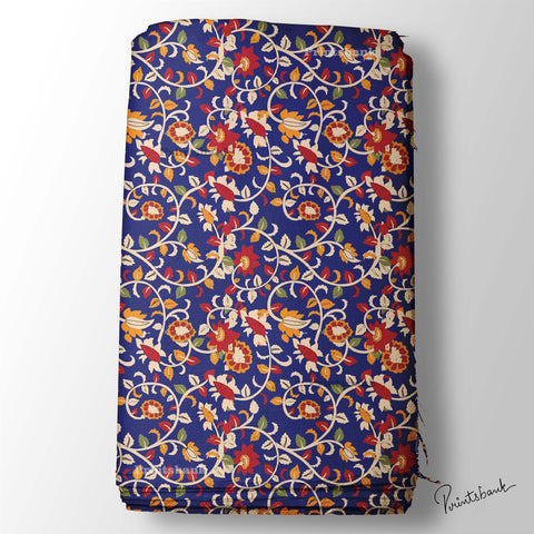 Navy Blue Kalamkari Floral Digital Printed Fabric Online Market