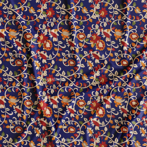 Navy Blue Kalamkari Floral Digital Printed Fabric Online Market