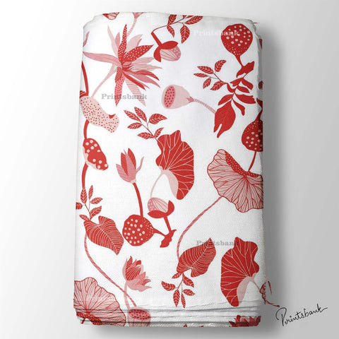 White & Red Floral Digital Printed Fabric Material For Boutique Dress