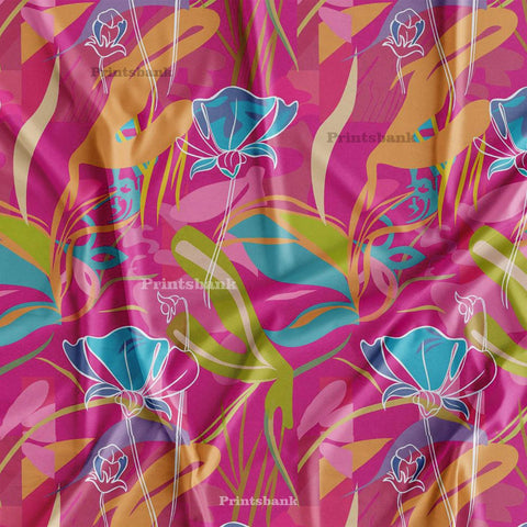 Pink Abstract Floral Digital Printed Fabric Material Manufacture In India