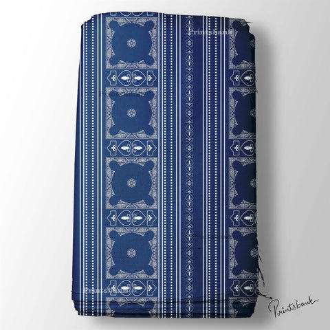 Navy Blue White Geometrical Lines Printed Designer Fabric For Shirt
