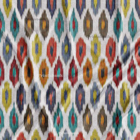Multi Colour Ikat Pattern Digital Printed Fabric For Men's Kurta Shirt