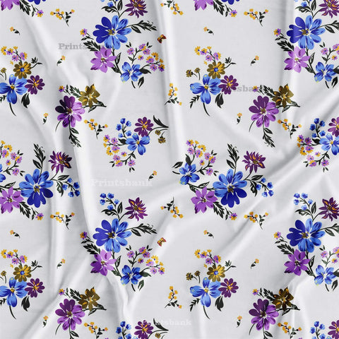 White Blue Floral Digital Printed Fabric Manufacturer In Surat