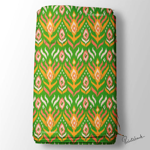 Bright Green With Yellow Ikat Pattern Digital Printed Fabric Manufacturer