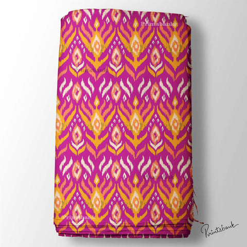 Hot Pink With Yellow Ikat Pattern Digital Printed Fabric Material Online India